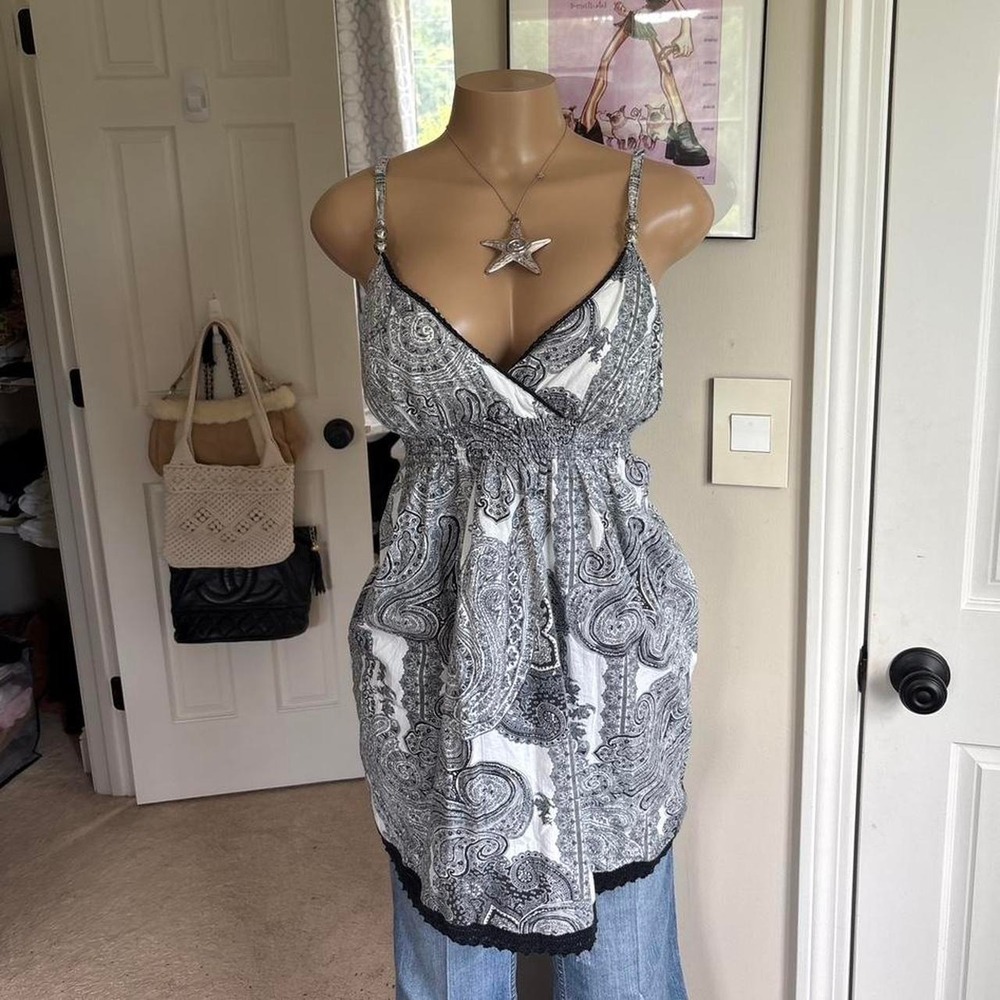 Y2K 2000s Black White Paisley Babydoll surplice dress